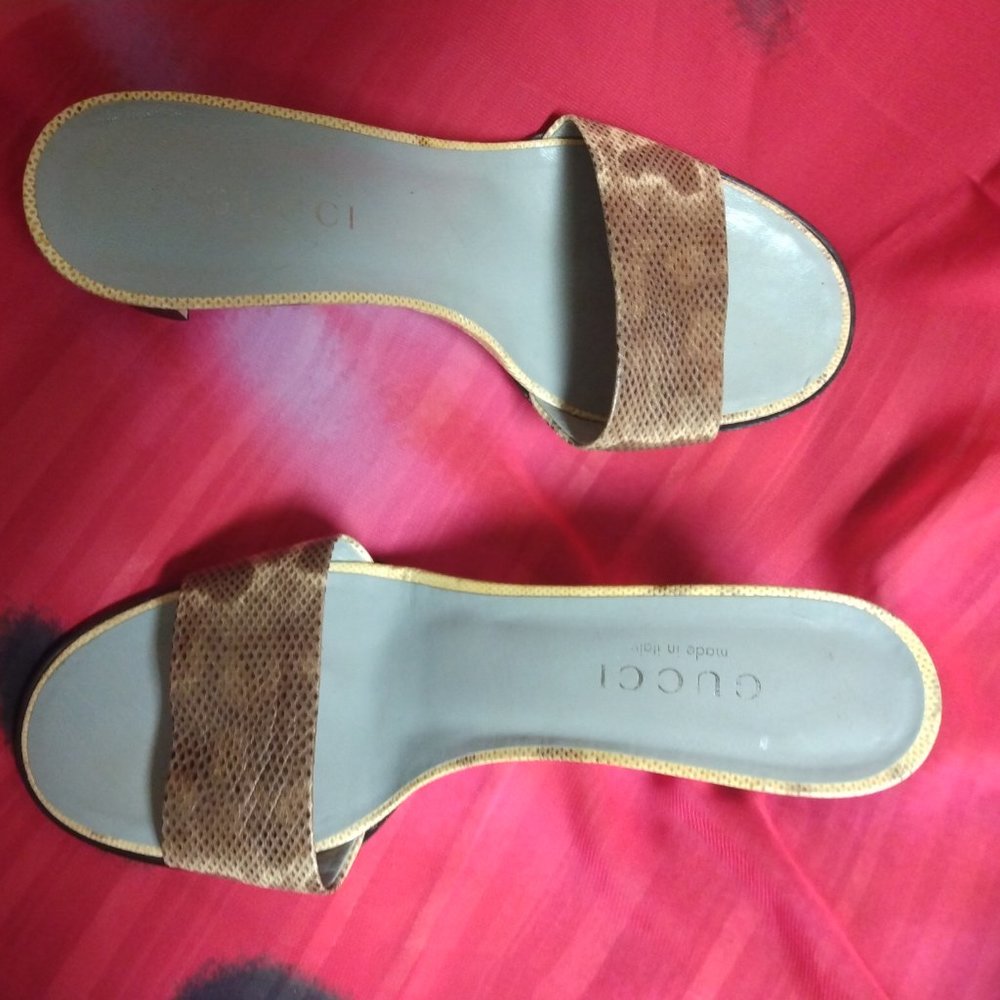 ❤️GUCCI TOM FORD Snake Slip On Chunky Wood Heel Slides Sandals Shoe 8 B Italy - Picture 5 of 10